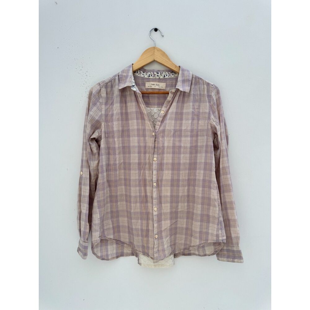 Anthropologie Isabella Sinclair Plaid Lace Panel Button Down Shirt Size Small
